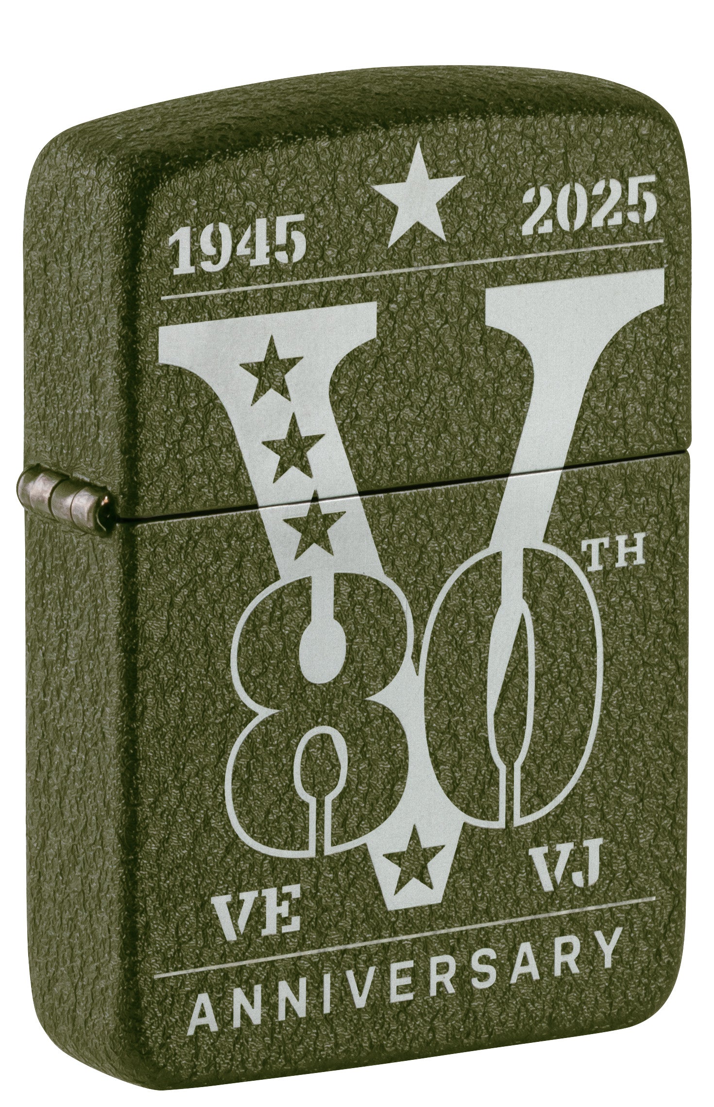 Green Zippo lighter with '80th VJ Anniversary' design