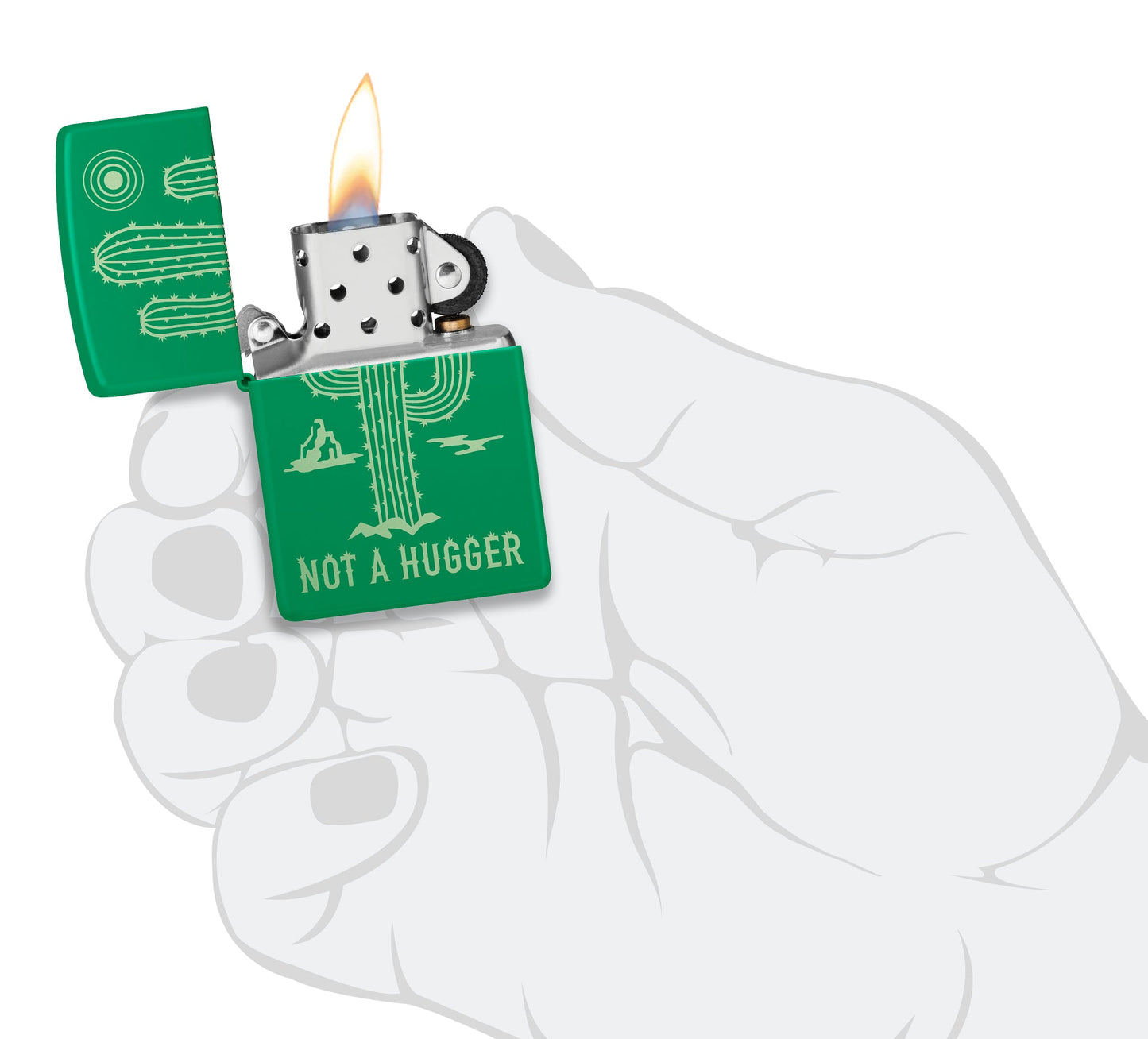 Zippo Not a Hugger Design Grass Green Matte Windproof Lighter lit in hand.