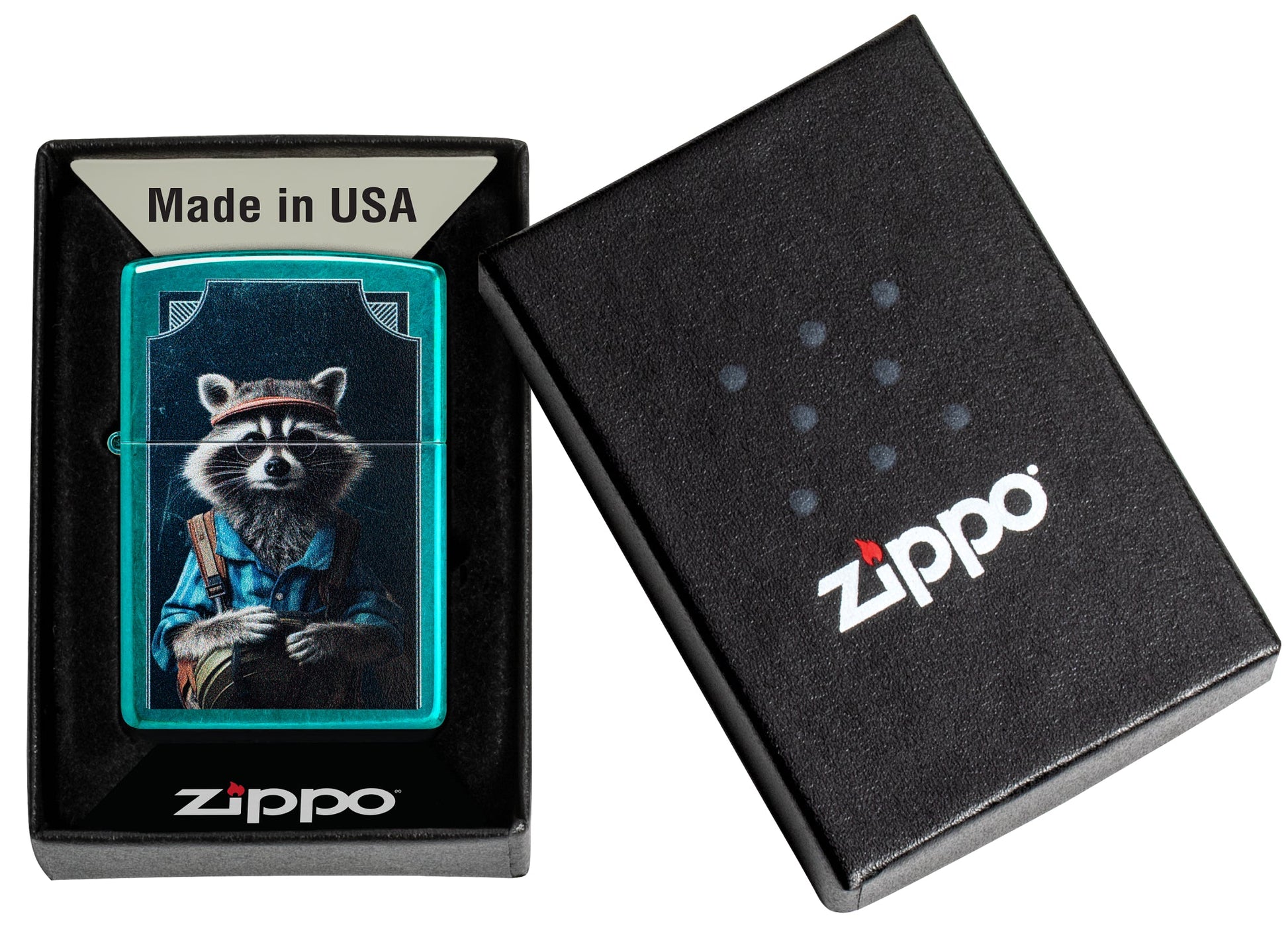 Zippo Refined Raccoon Design Translucent Candy Teal Windproof Lighter in its packaging.