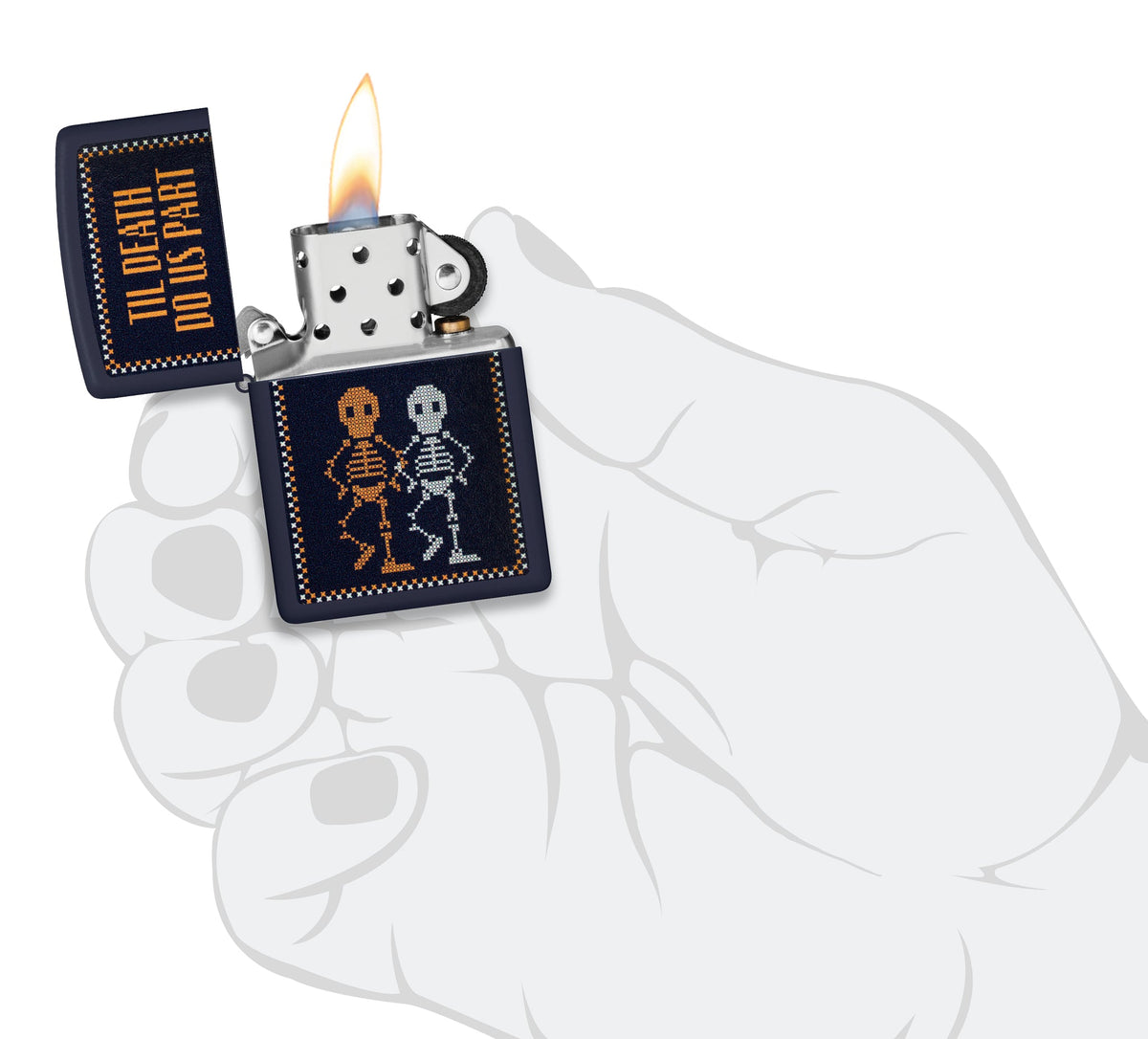 Zippo Til Death Do Us Part Design Navy Matte Windproof Lighter lit in hand.