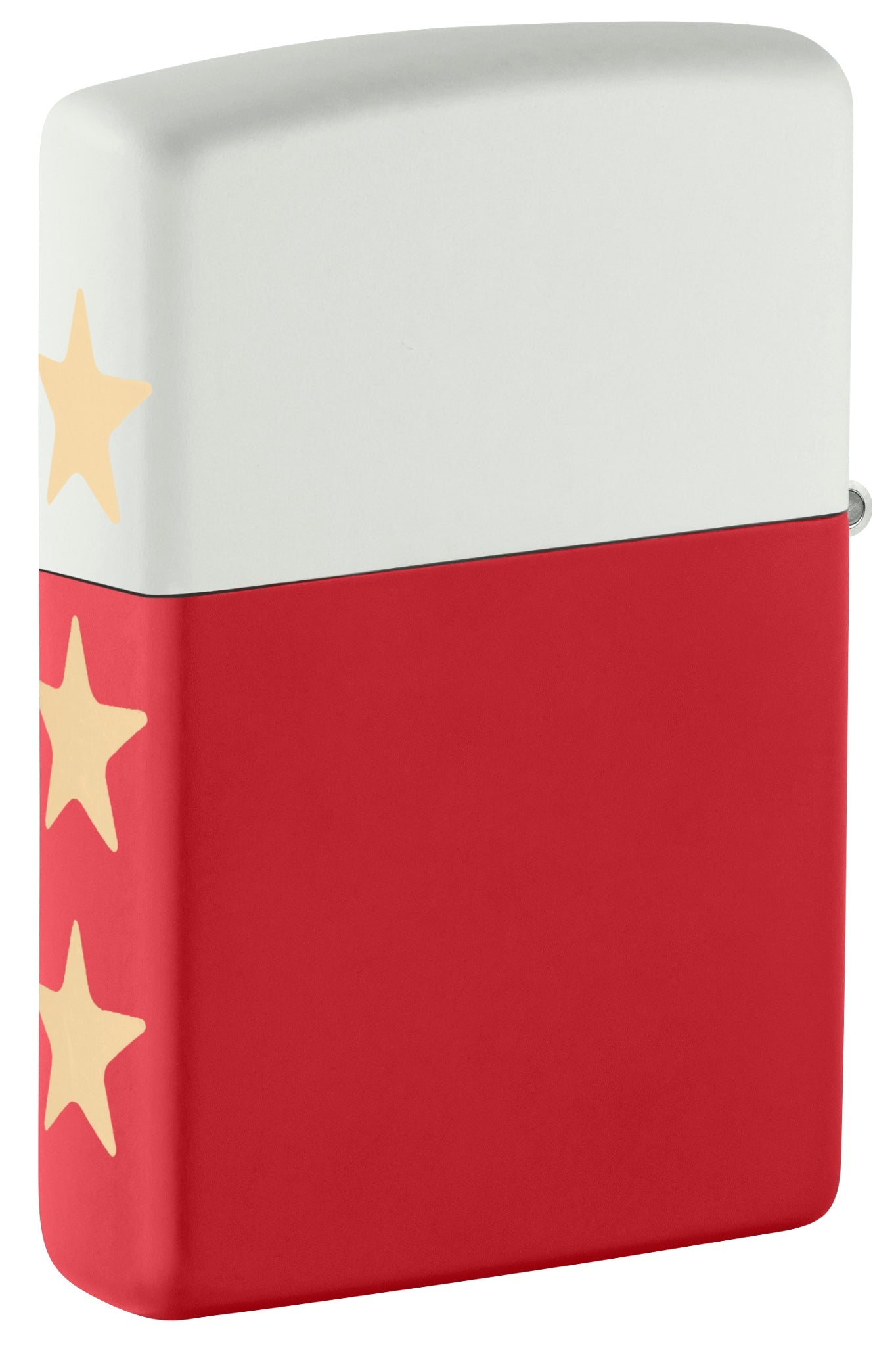 Angled shot of  Zippo 250th Anniversary Special Edition White and Red Matte Windproof Lighter showing the back and hinge side of the lighter.