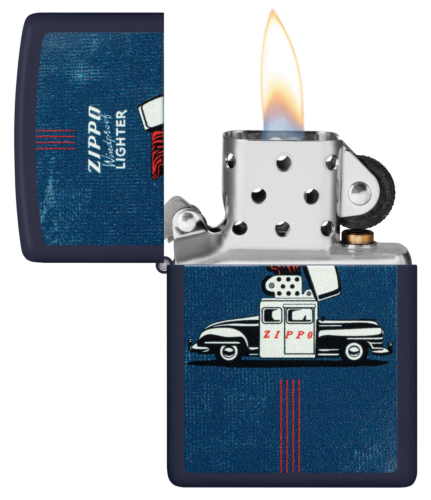 Zippo Vintage Zippo Car Design Navy Matte Windproof Lighter with its lid open and lit.