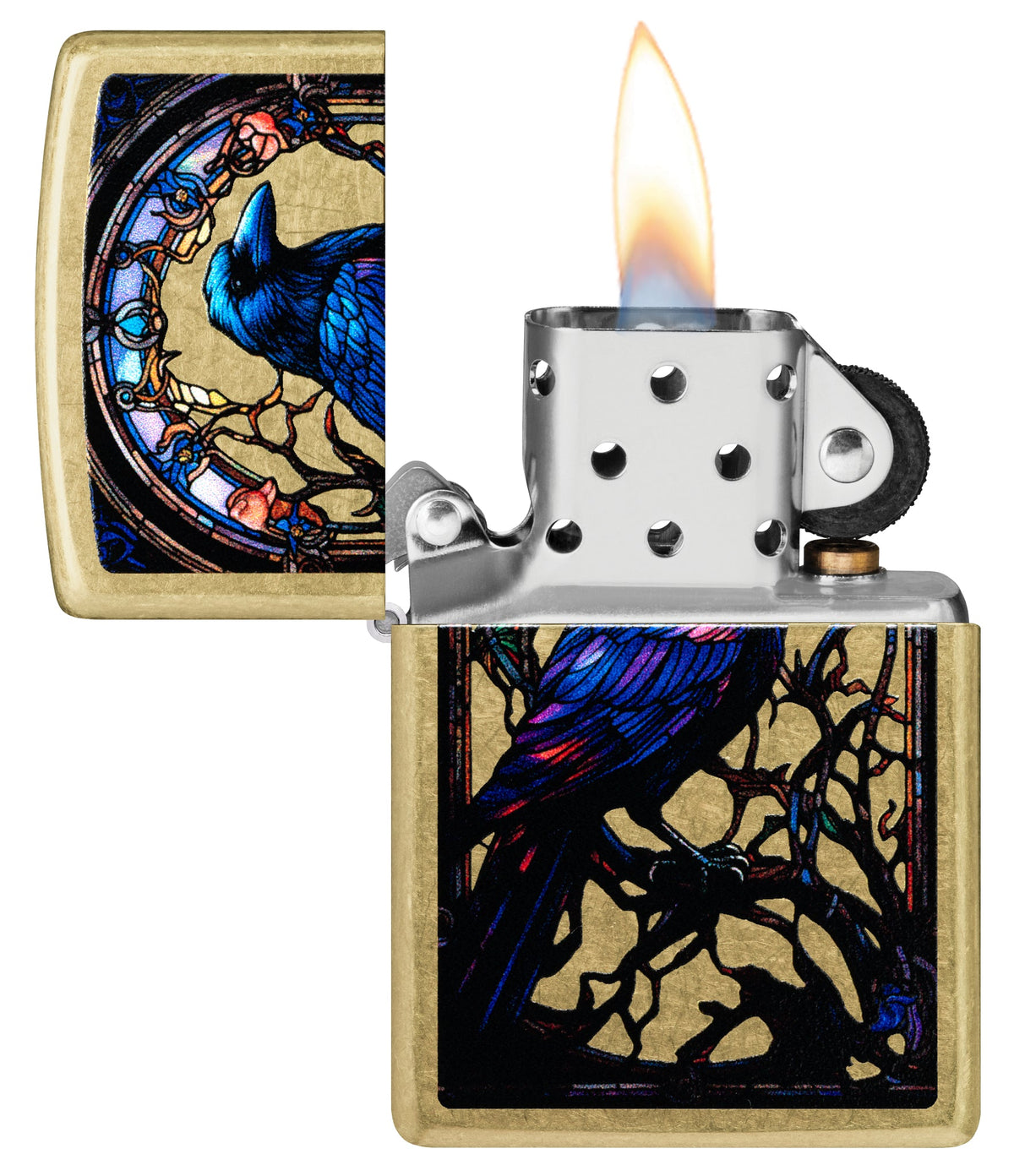 Zippo Stained Glass Raven Design Street Brass Windproof Lighter with its lid open and lit.