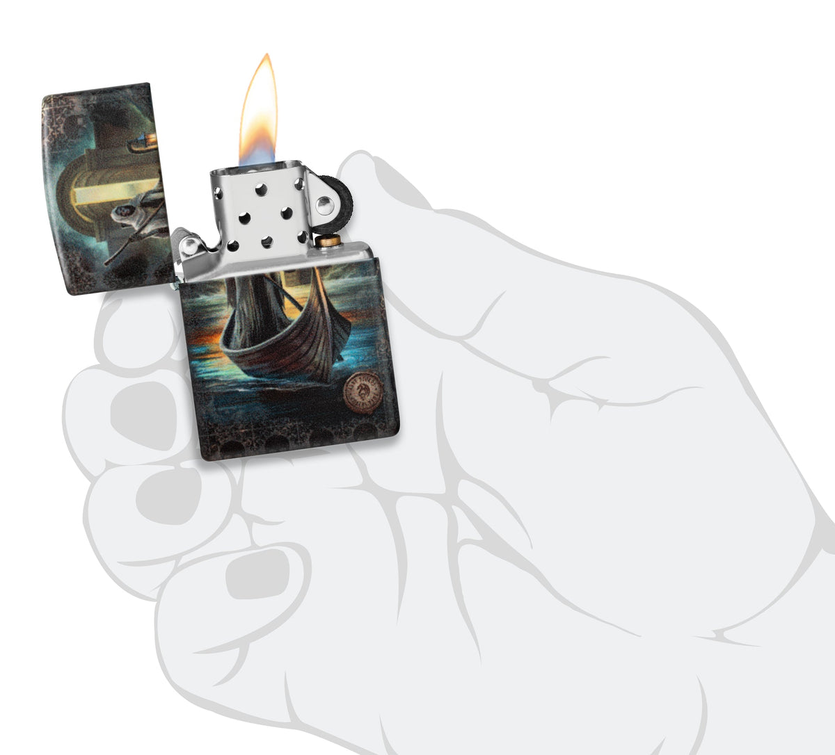 Zippo Anne Stokes The Ferryman Design 540 Matte Windproof Lighter lit in hand.