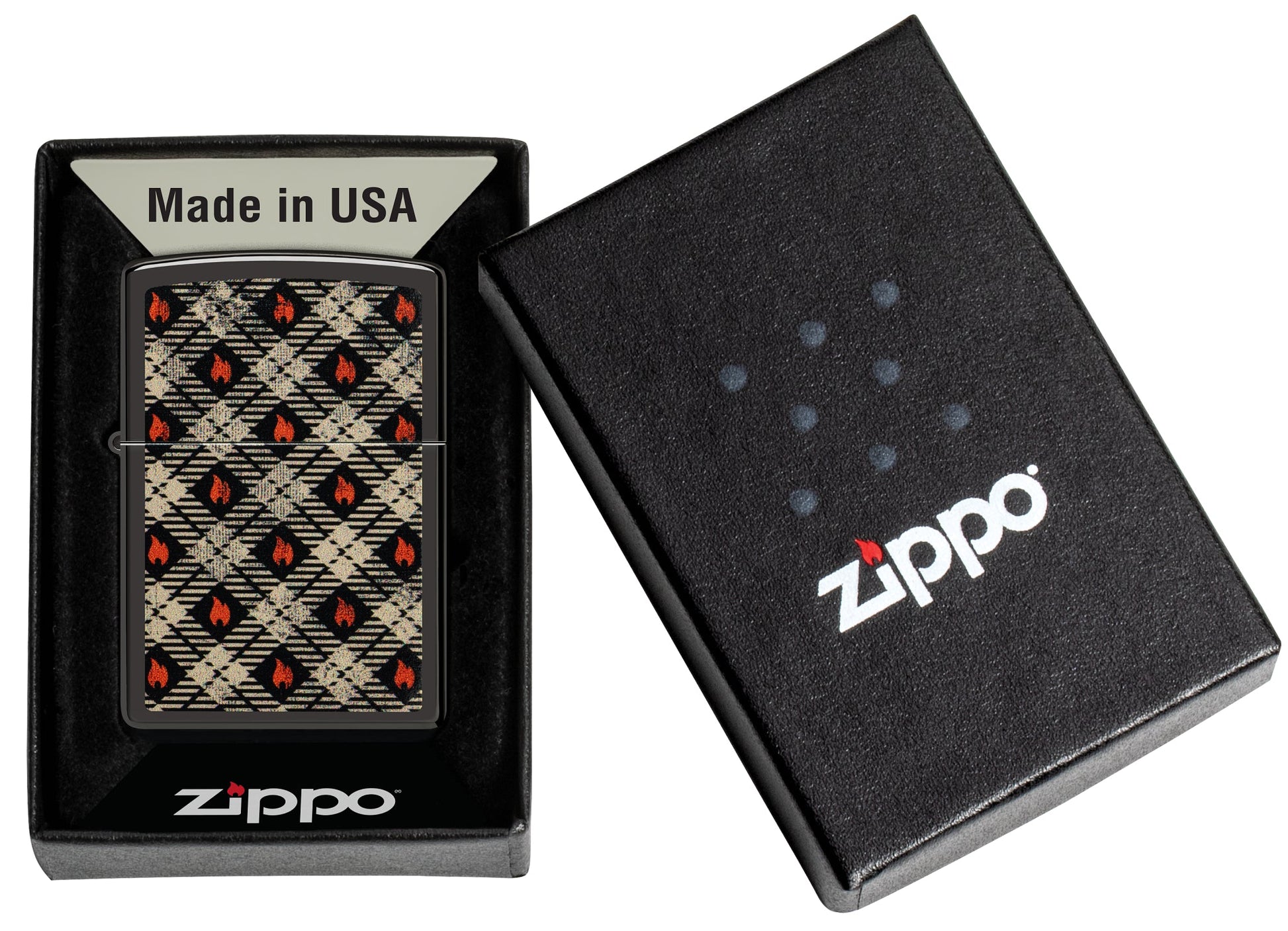 Zippo Tartan Design High Polish Black Windproof Lighter in its packaging.