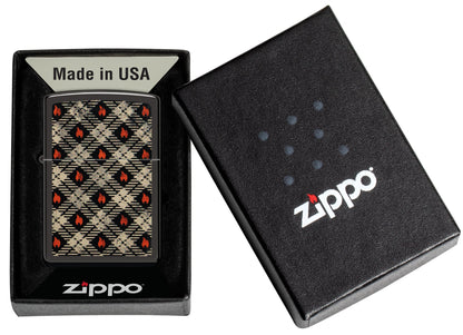 Zippo Tartan Design High Polish Black Windproof Lighter in its packaging.