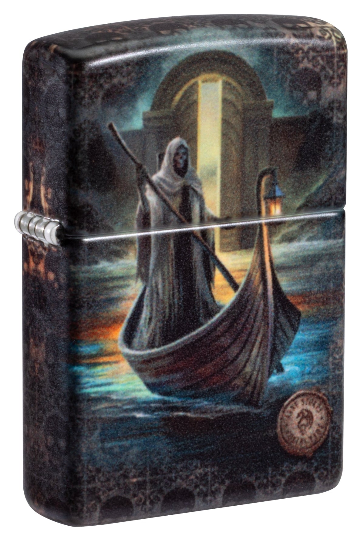 Front shot of Zippo Anne Stokes The Ferryman Design 540 Matte Windproof Lighter standing at a 3/4 angle.