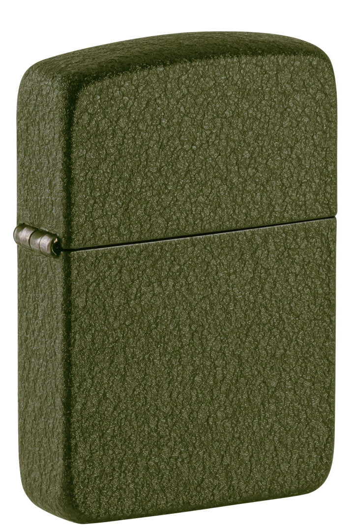 Front shot of Zippo 2026 Founder's Day Commemorative Green Crackle Windproof Lighter standing at a 3/4 angle.
