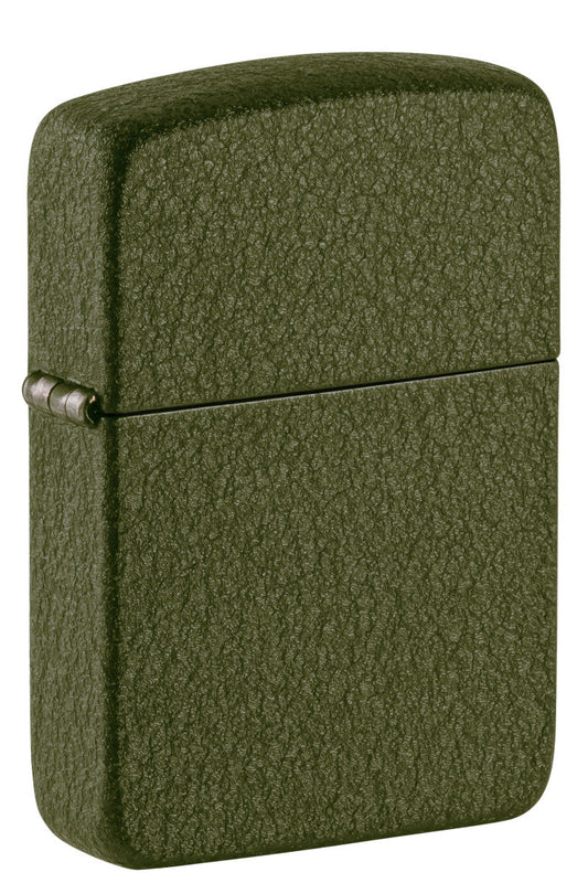 Front shot of Zippo 2026 Founder's Day Commemorative Green Crackle Windproof Lighter standing at a 3/4 angle.