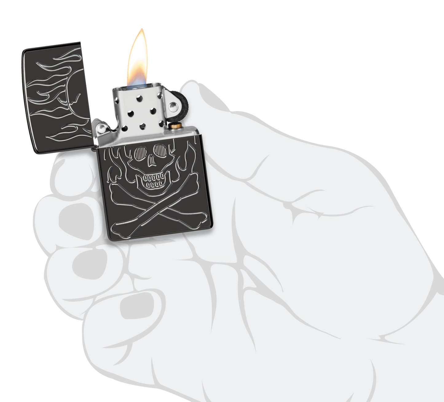 Zippo Flaming Skull Design Armor® High Polish Black Windproof Lighter lit in hand.