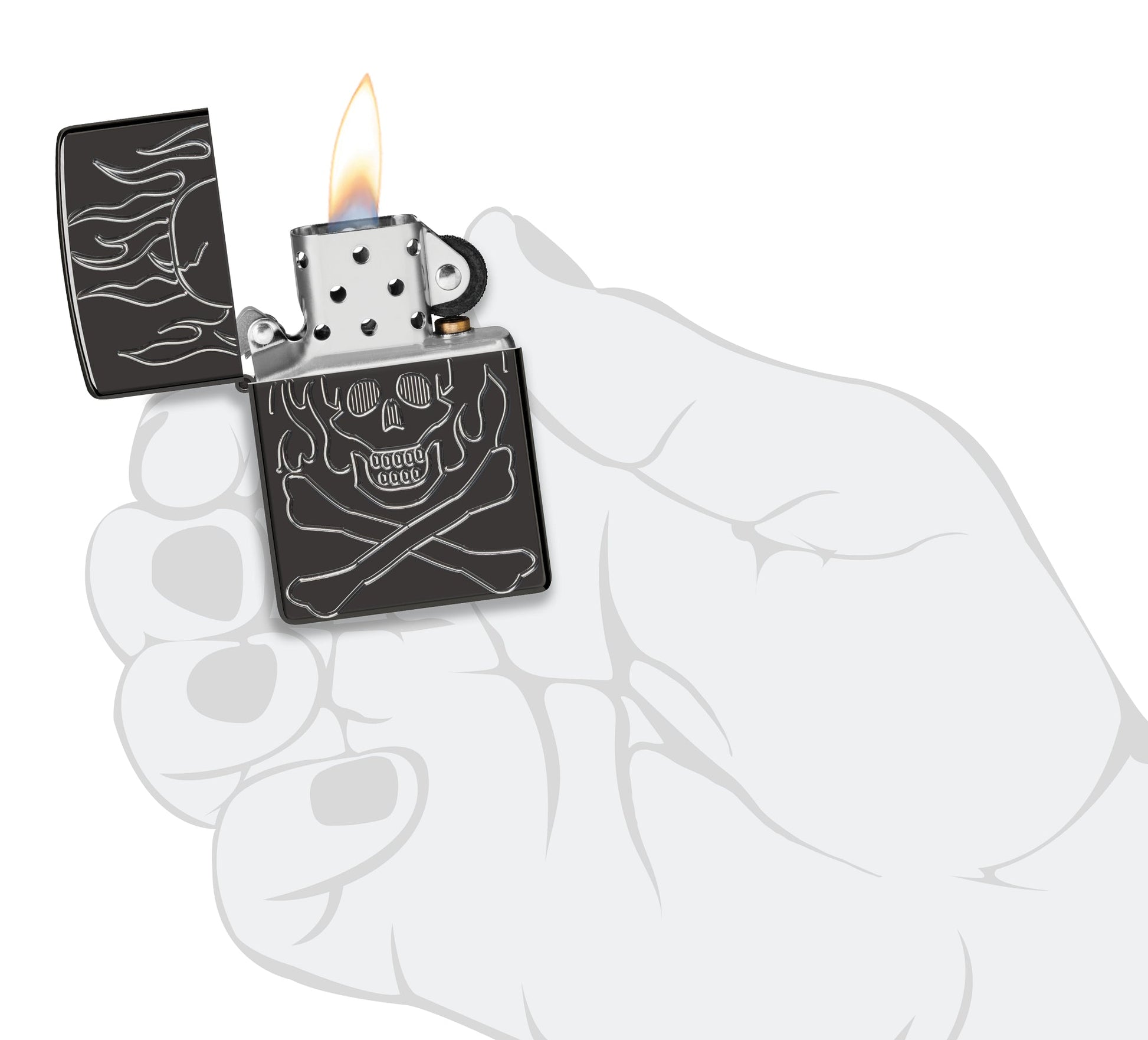 Zippo Flaming Skull Design Armor® High Polish Black Windproof Lighter lit in hand.