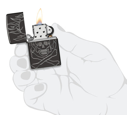 Zippo Flaming Skull Design Armor® High Polish Black Windproof Lighter lit in hand.