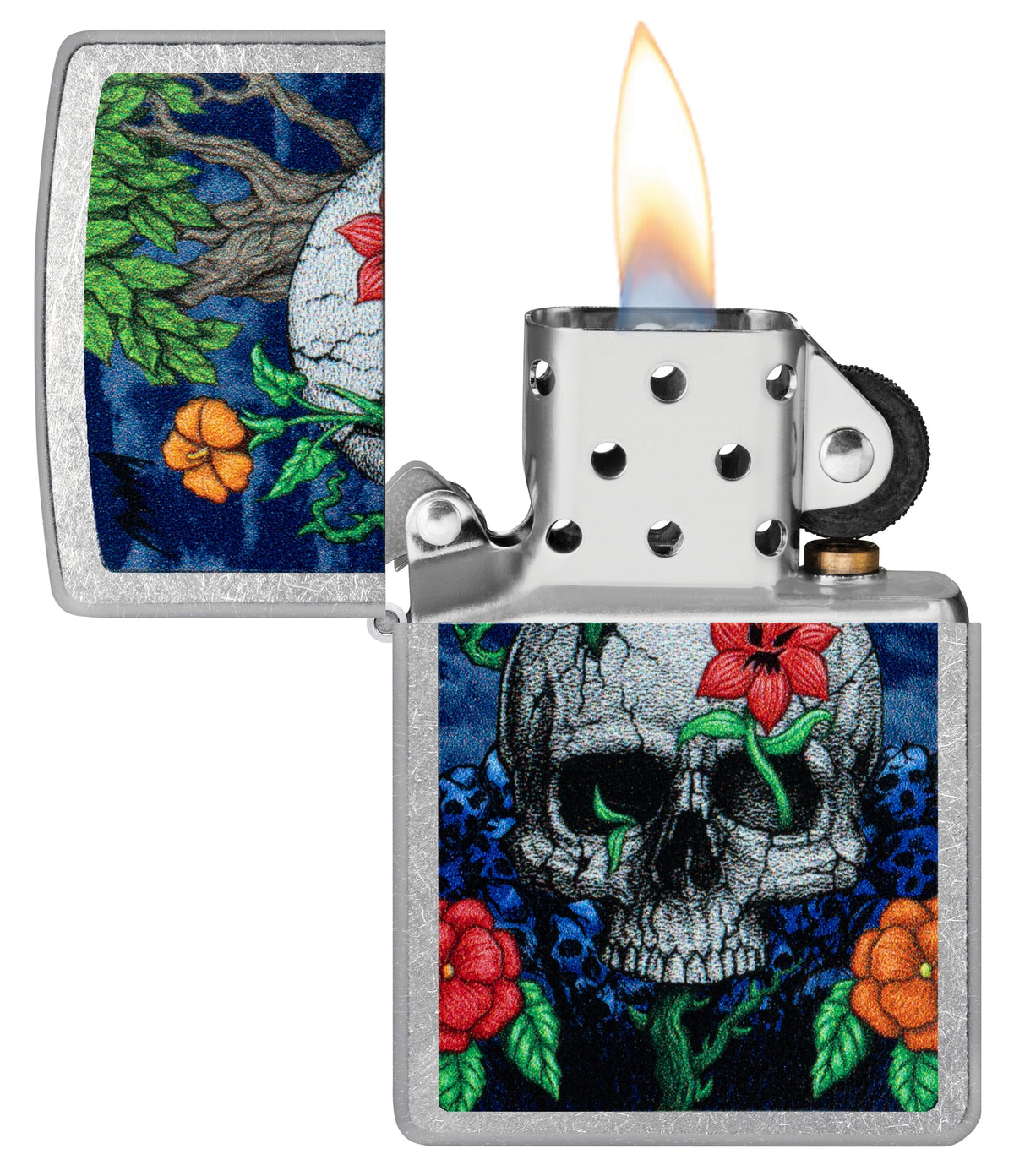 Zippo Skull Sprout Design Street Chrome Windproof Lighter with its lid open and lit.