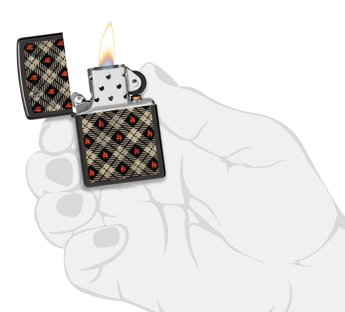 Zippo Tartan Design High Polish Black Windproof Lighter lit in hand.