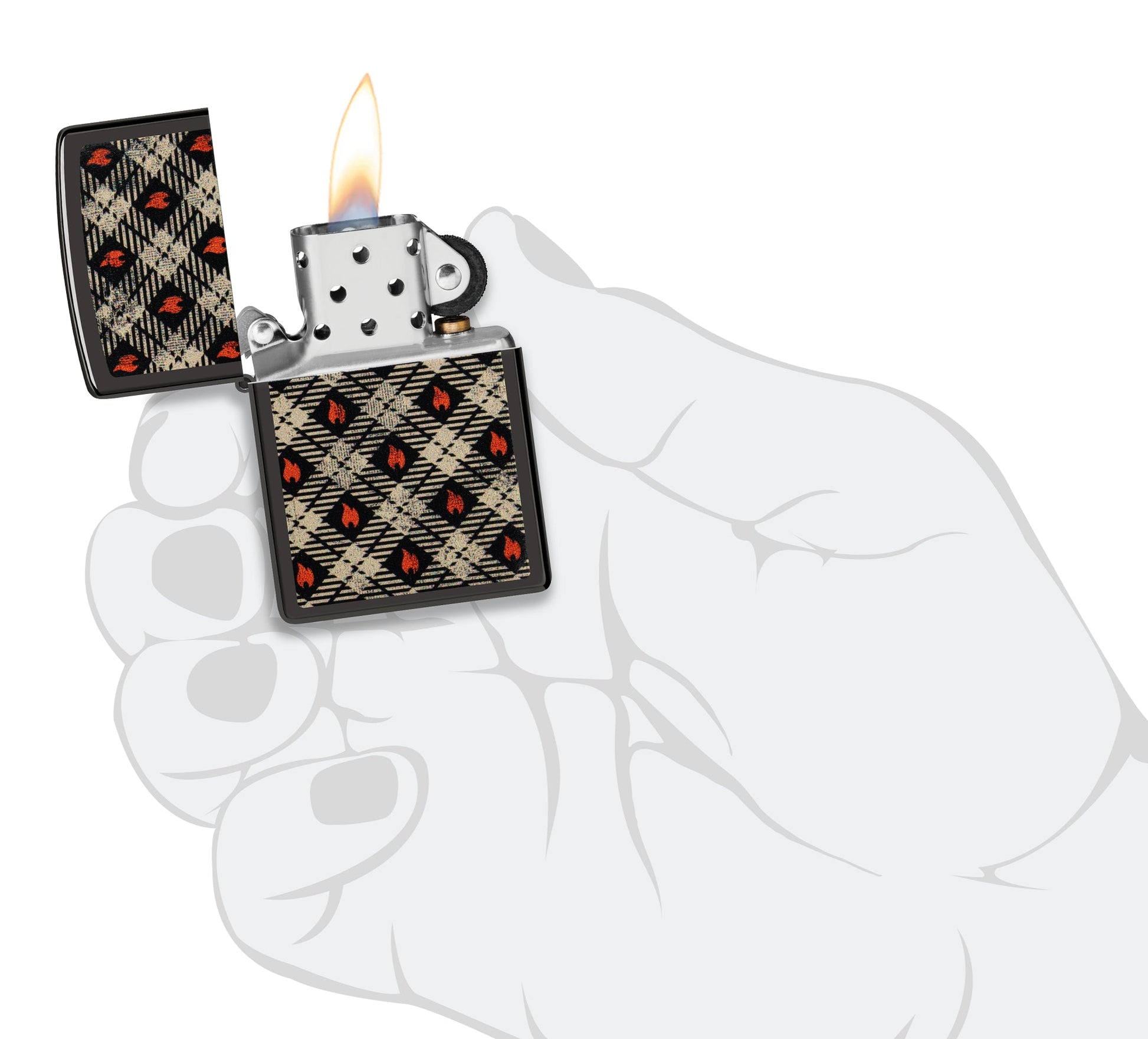 Zippo Tartan Design High Polish Black Windproof Lighter lit in hand.
