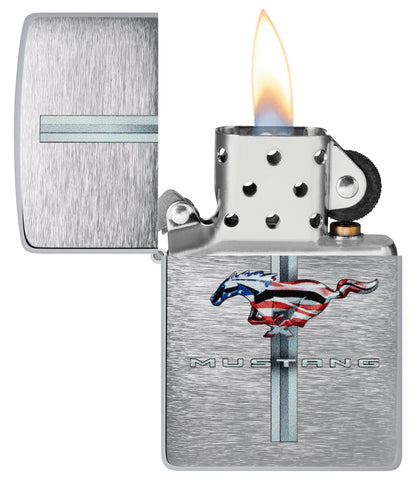 Zippo Ford Mustang Design Brushed Chrome Windproof Lighter with its lid open and lit.