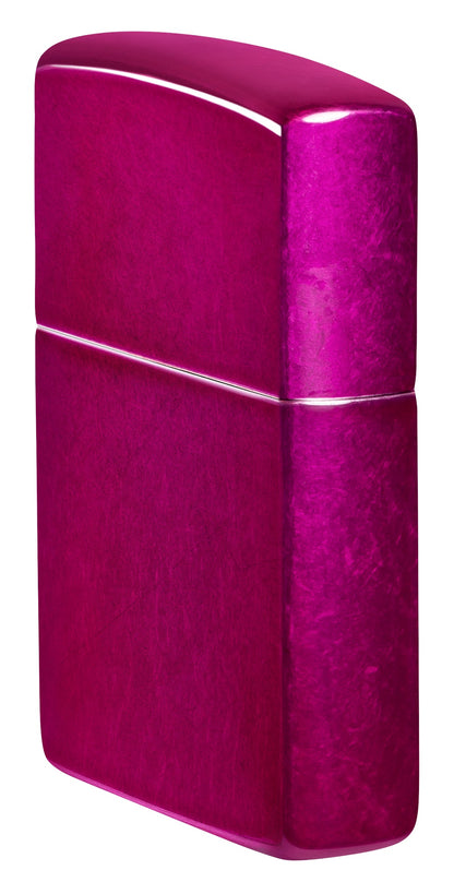 Angled shot of  Zippo Classic Candy Raspberry Windproof Lighter showing the front and right sides of the lighter.