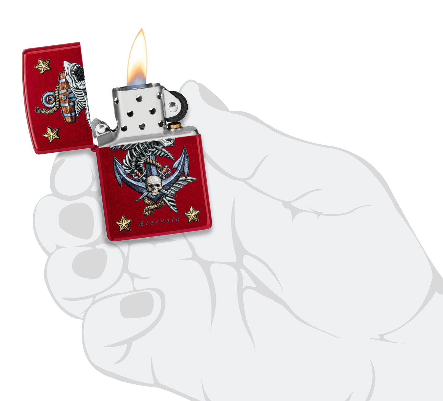 Zippo Rietveld Anchor Design Candy Apple Red Windproof Lighter lit in hand.