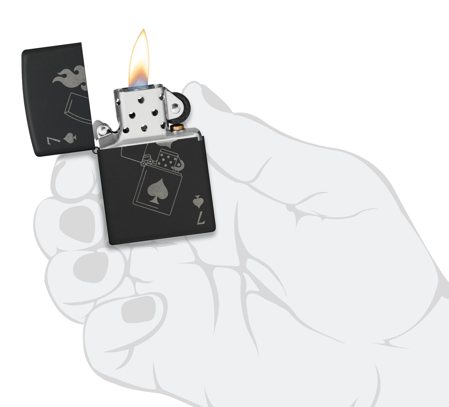 Zippo Lucky 7 Design Black Matte With Chrome Windproof Lighter lit in hand.