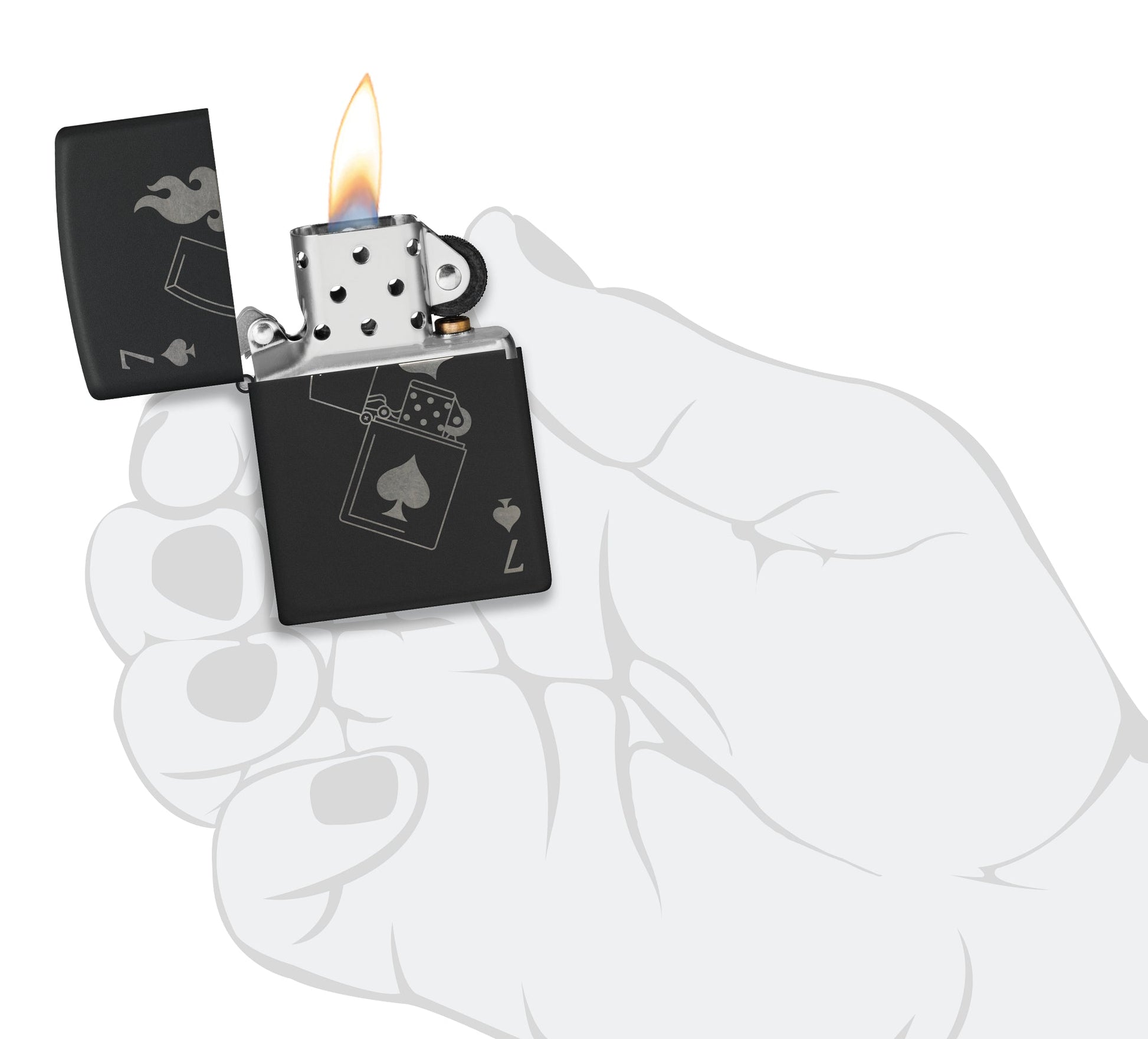 Zippo Lucky 7 Design Black Matte With Chrome Windproof Lighter lit in hand.