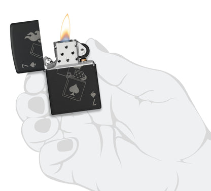 Zippo Lucky 7 Design Black Matte With Chrome Windproof Lighter lit in hand.