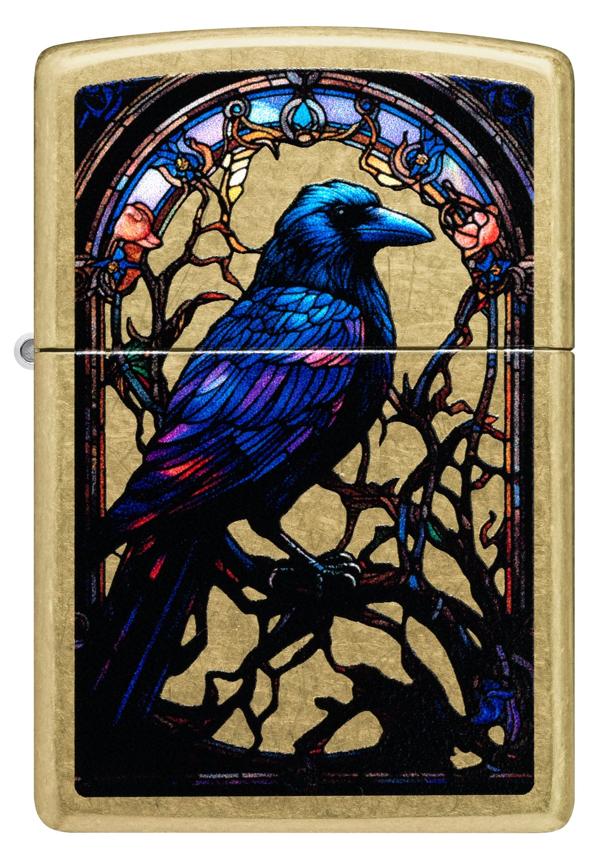 Front view of Zippo Stained Glass Raven Design Street Brass Windproof Lighter.