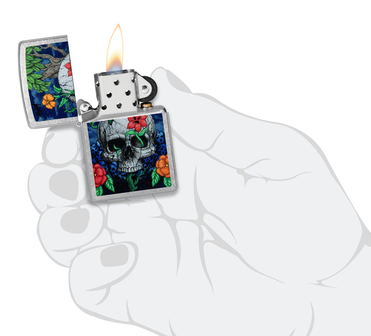 Zippo Skull Sprout Design Street Chrome Windproof Lighter lit in hand.