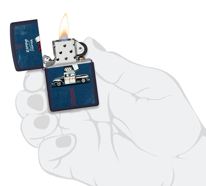 Zippo Vintage Zippo Car Design Navy Matte Windproof Lighter lit in hand.