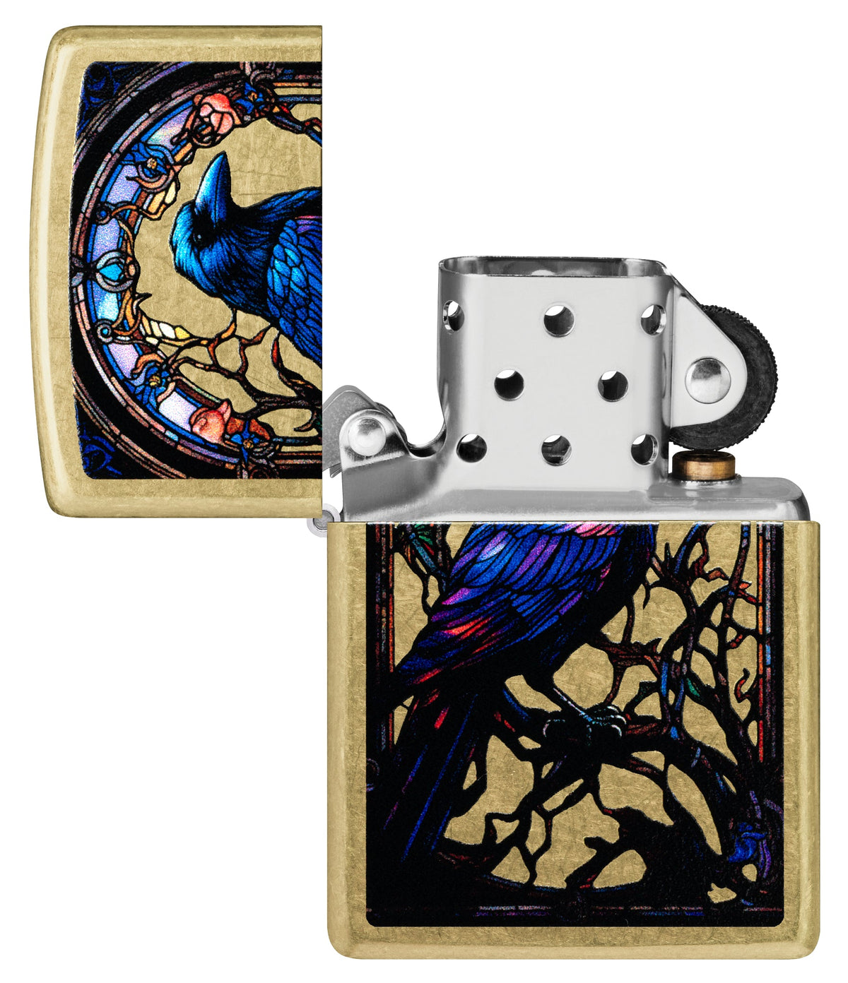 Zippo Stained Glass Raven Design Street Brass Windproof Lighter with its lid open and unlit.