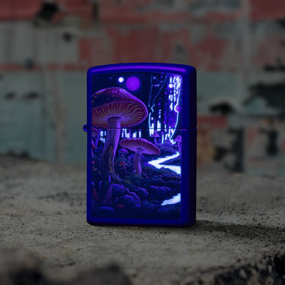 Lifestyle image of Zippo Black Light Mushroom Design Navy Matte Windproof Lighter standing on concrete in front of a graffiti covered wall showing the front of the lighter, while glowing under a black light. 

