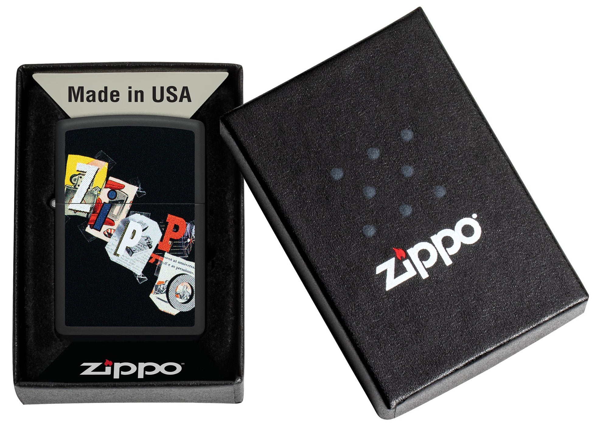 Zippo Cut and Paste Design Black Matte Windproof Lighter in its packaging.