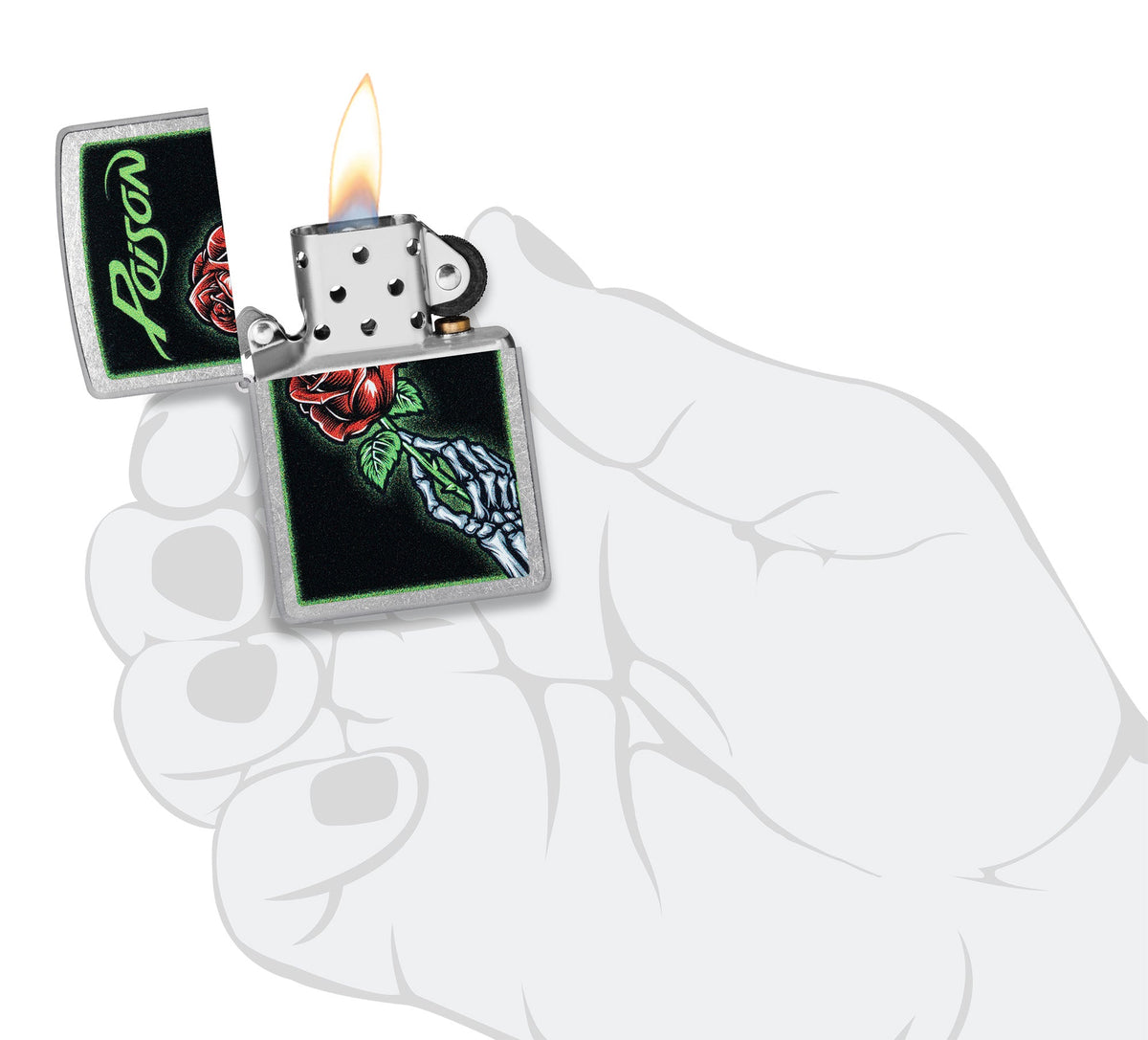 Zippo Poison Vibrant Rose Design Street Chrome Windproof Lighter lit in hand.