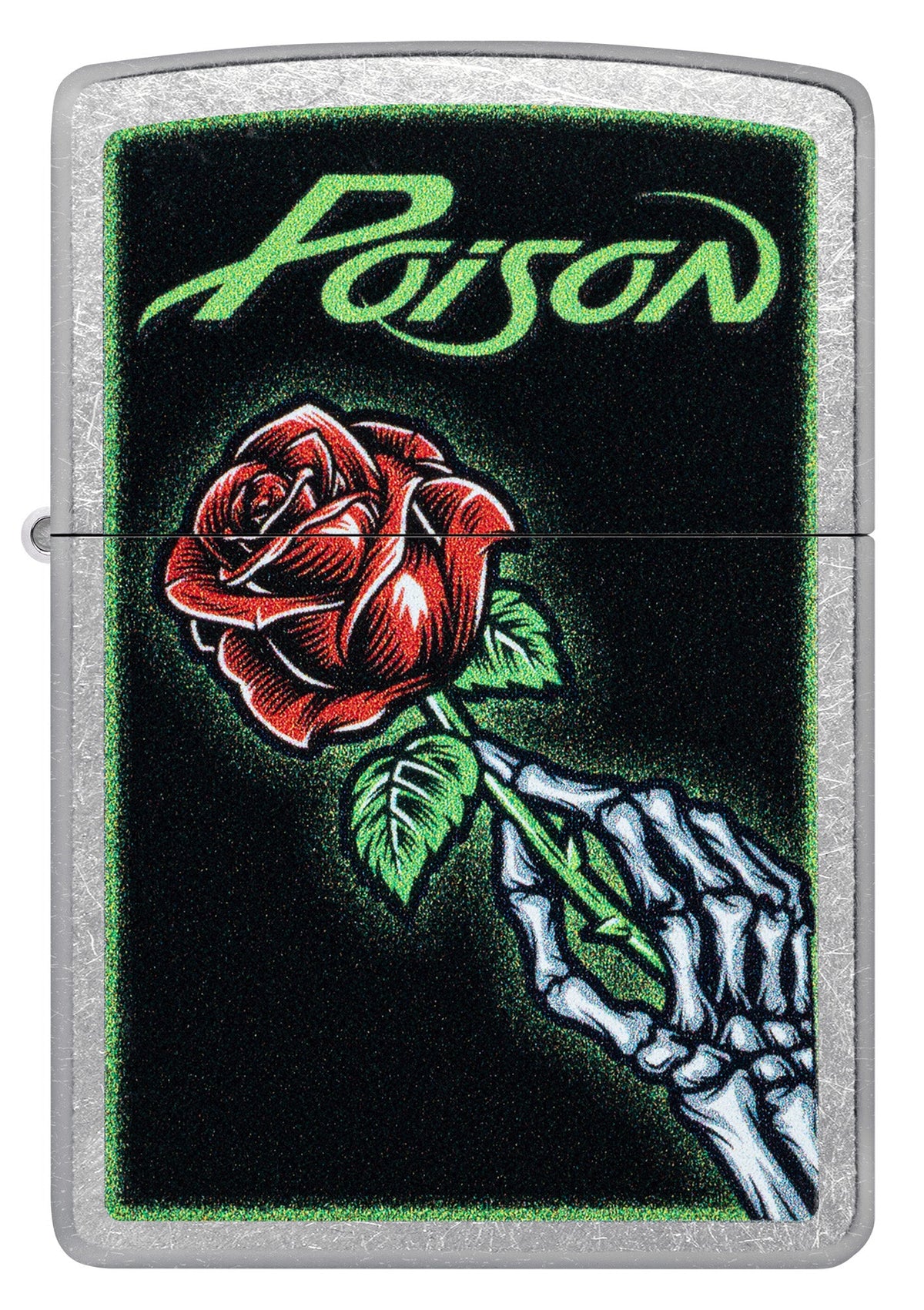 Front shot of Zippo Poison Vibrant Rose Design Street Chrome Windproof Lighter.