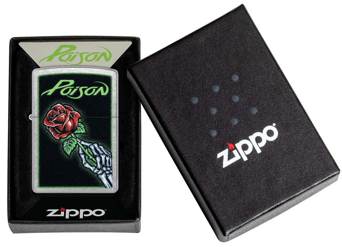 Zippo Poison Vibrant Rose Design Street Chrome Windproof Lighter in its packaging.