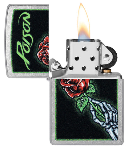 Zippo Poison Vibrant Rose Design Street Chrome Windproof Lighter with its lid open and lit.